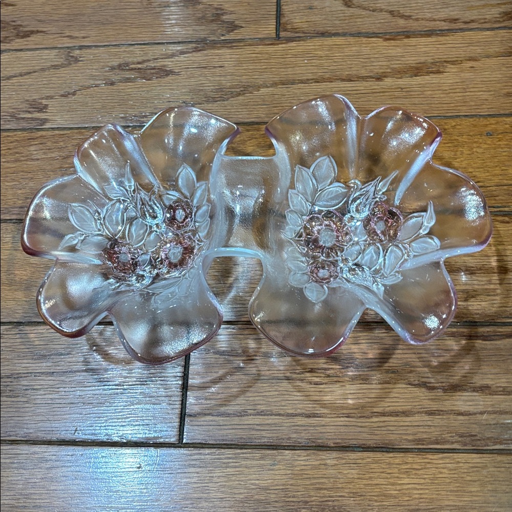 Mikasa Pink Frosted Crystal Double Bowl Ruffle Edge Floral Leaf Serving Dish